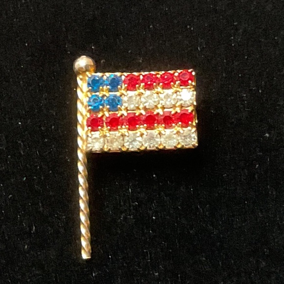 Vintage Jewelry - Vintage Prong Set Rhinestone Flag Pin Brooch Red White Blue Gold Tone Metal